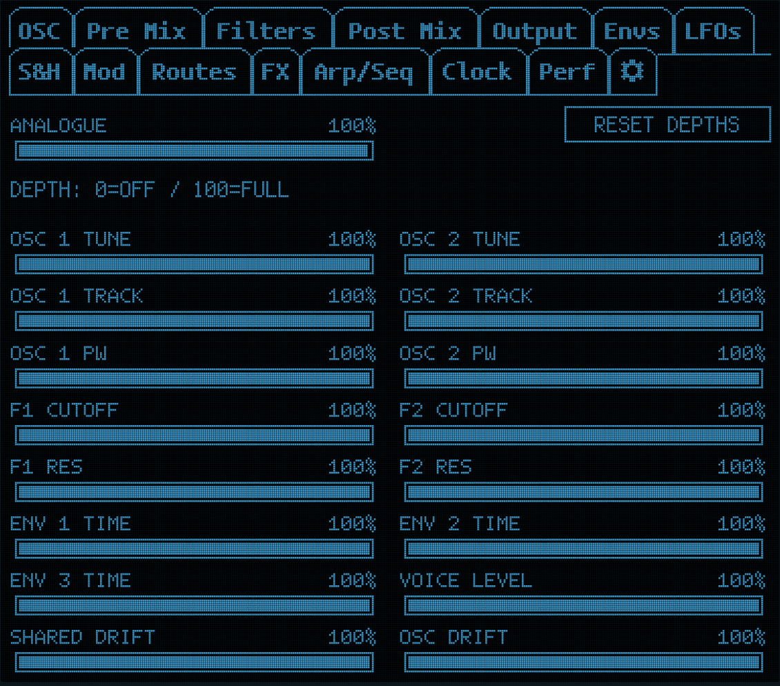 ASYX Analogue LCD page with individual variation depths for oscillators, filters, envelopes, voice level and drift