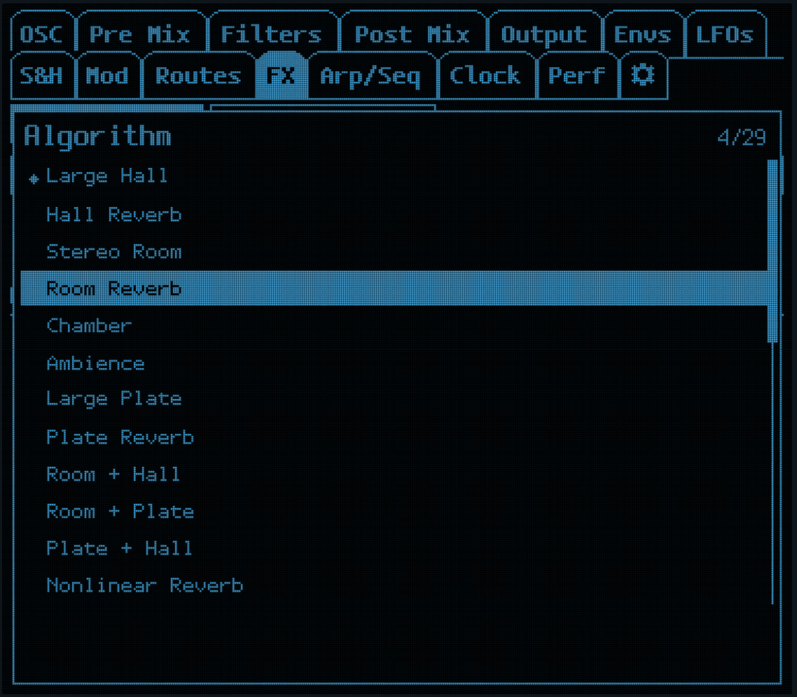 ASYX digital effects LCD showing the 29-algorithm selection list with Room Reverb selected