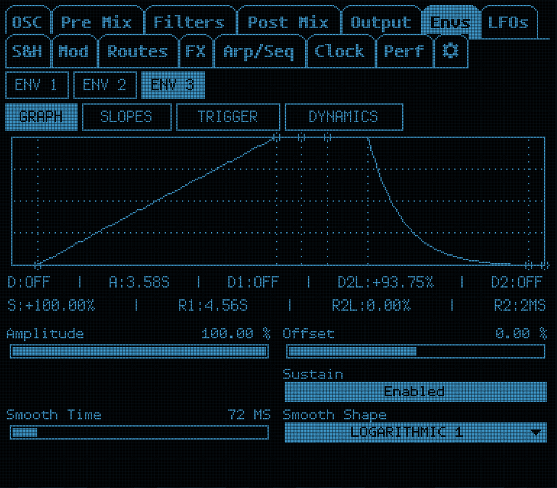 ASYX envelope LCD page showing a multi-stage envelope graph, sustain and smoothing controls