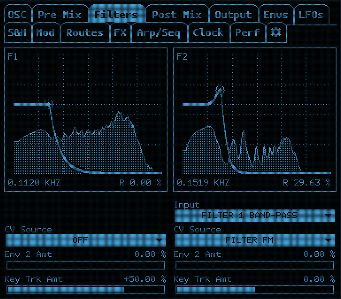 ASYX filters LCD page showing both filter response graphs, spectra and modulation controls