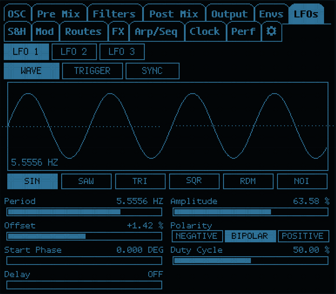 ASYX LFO LCD page showing a sine waveform and rate, amplitude, phase and polarity controls