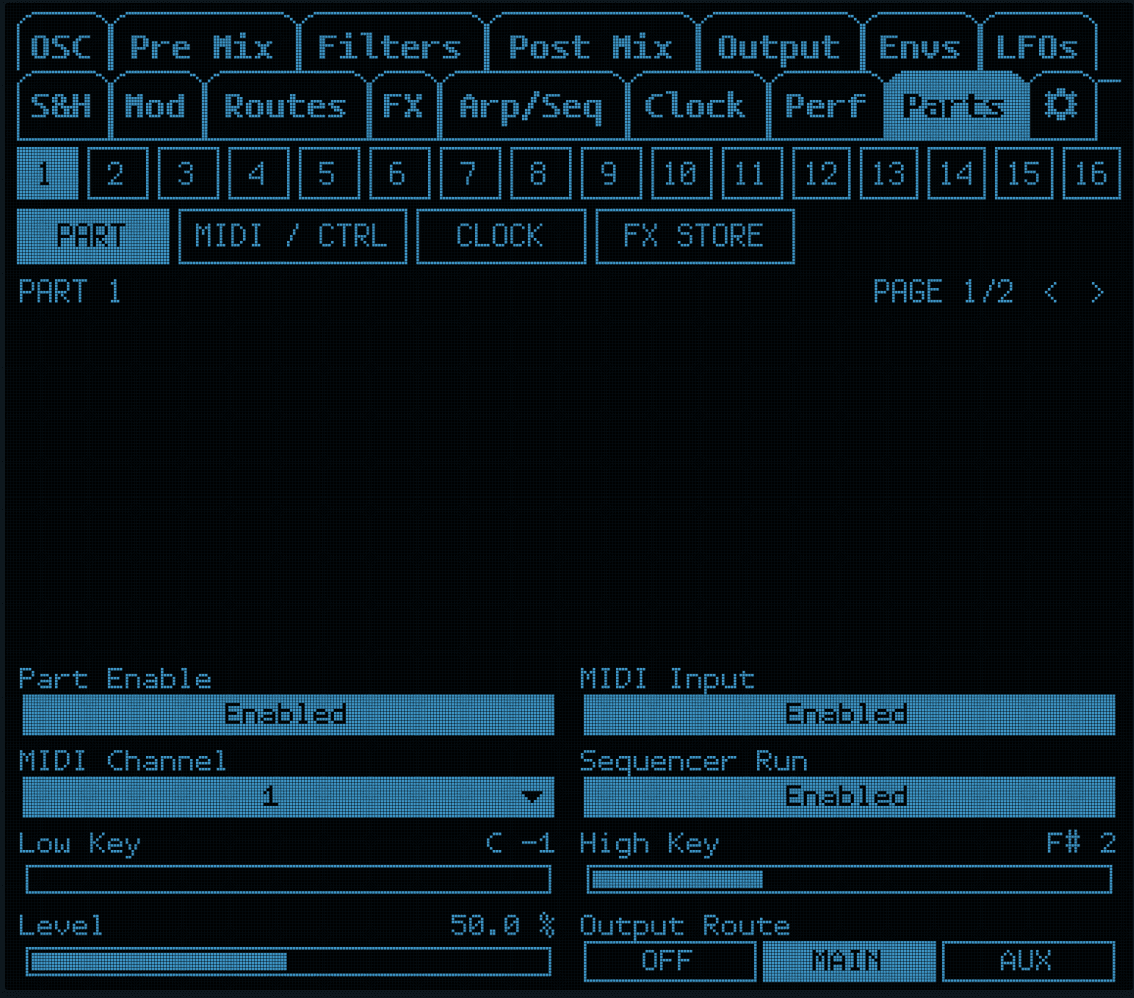 ASYX Mix parts LCD showing sixteen part selectors and per-part MIDI channel, key range, level and output routing