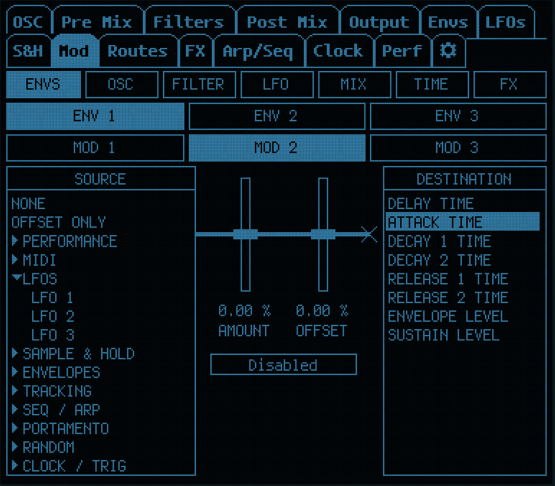 ASYX modulation LCD page showing sources, destinations, amount and offset controls