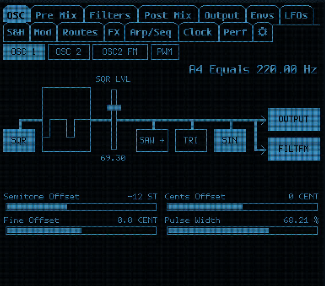 ASYX oscillator LCD page showing waveform selection, pitch offsets and pulse width