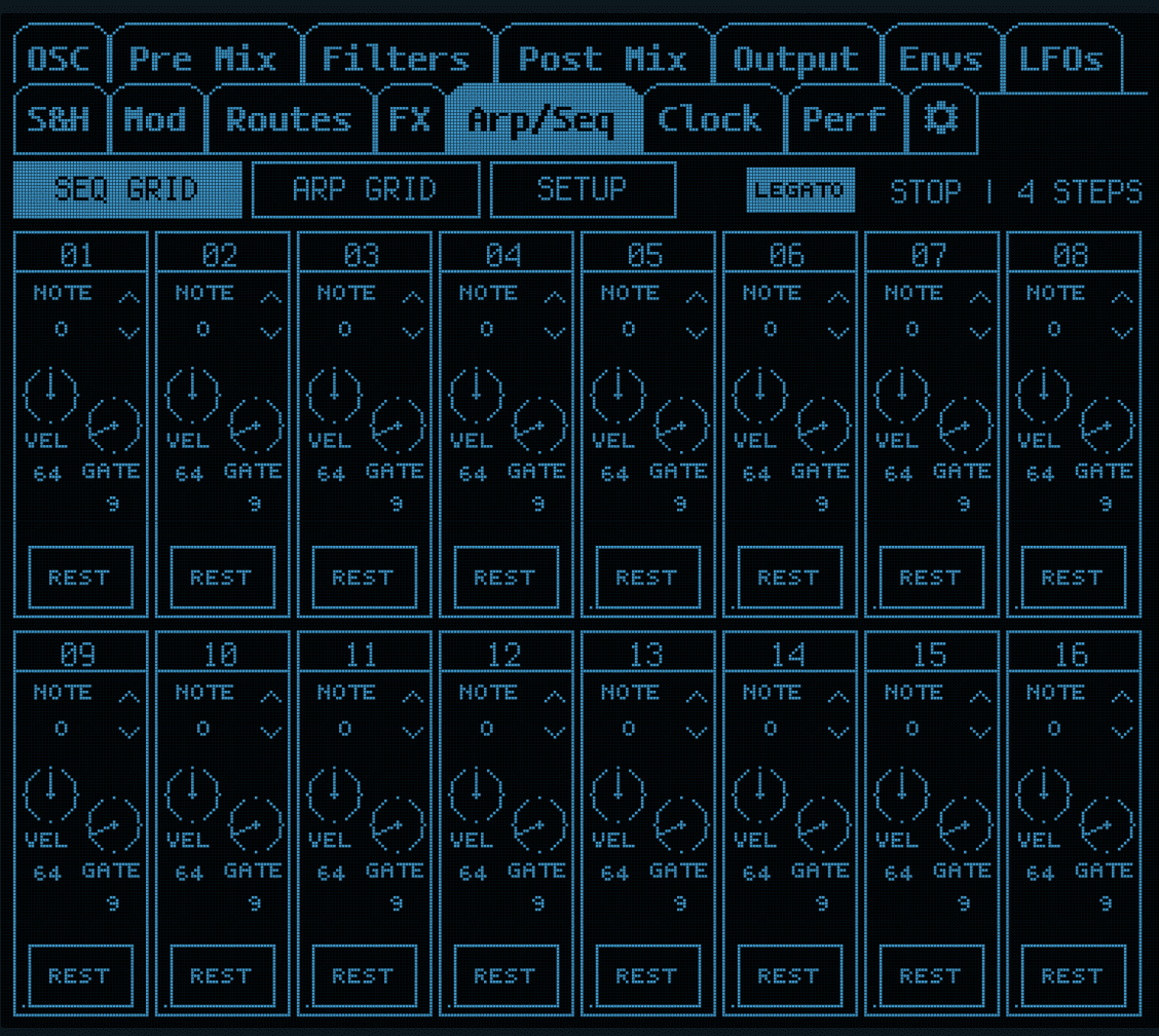 ASYX sequencer LCD grid showing sixteen steps with note, velocity, gate and rest controls