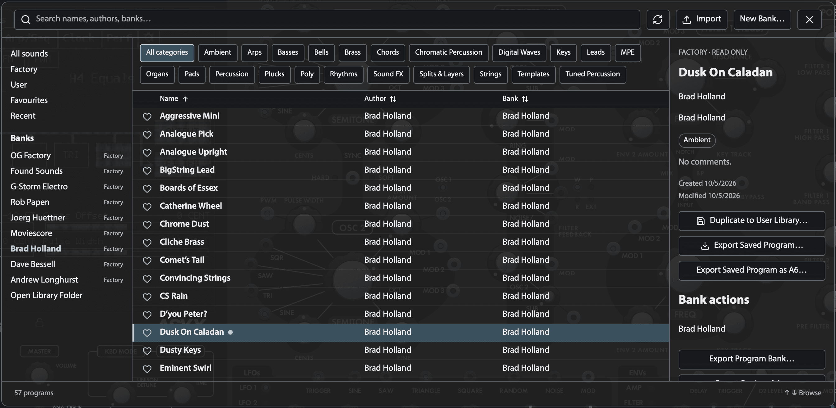 ASYX patch library showing categories, included artist banks and Brad Holland’s Dusk On Caladan program